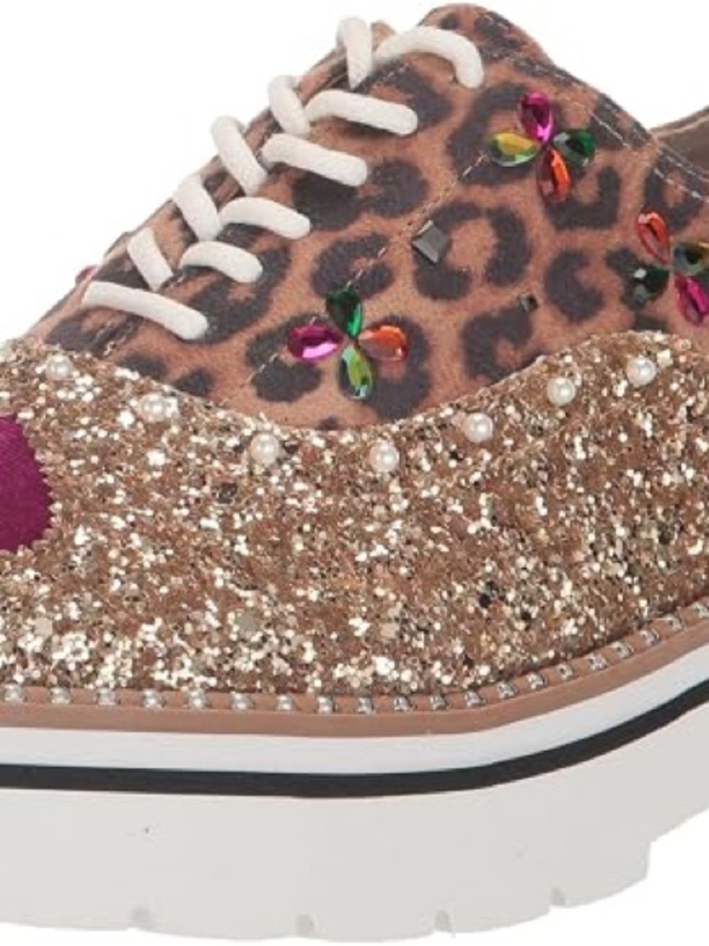 Betsey Johnson Gold Glitter Leopard Platform Sneaker with Multicolor Gem Flowers - Picture 3 of 16
